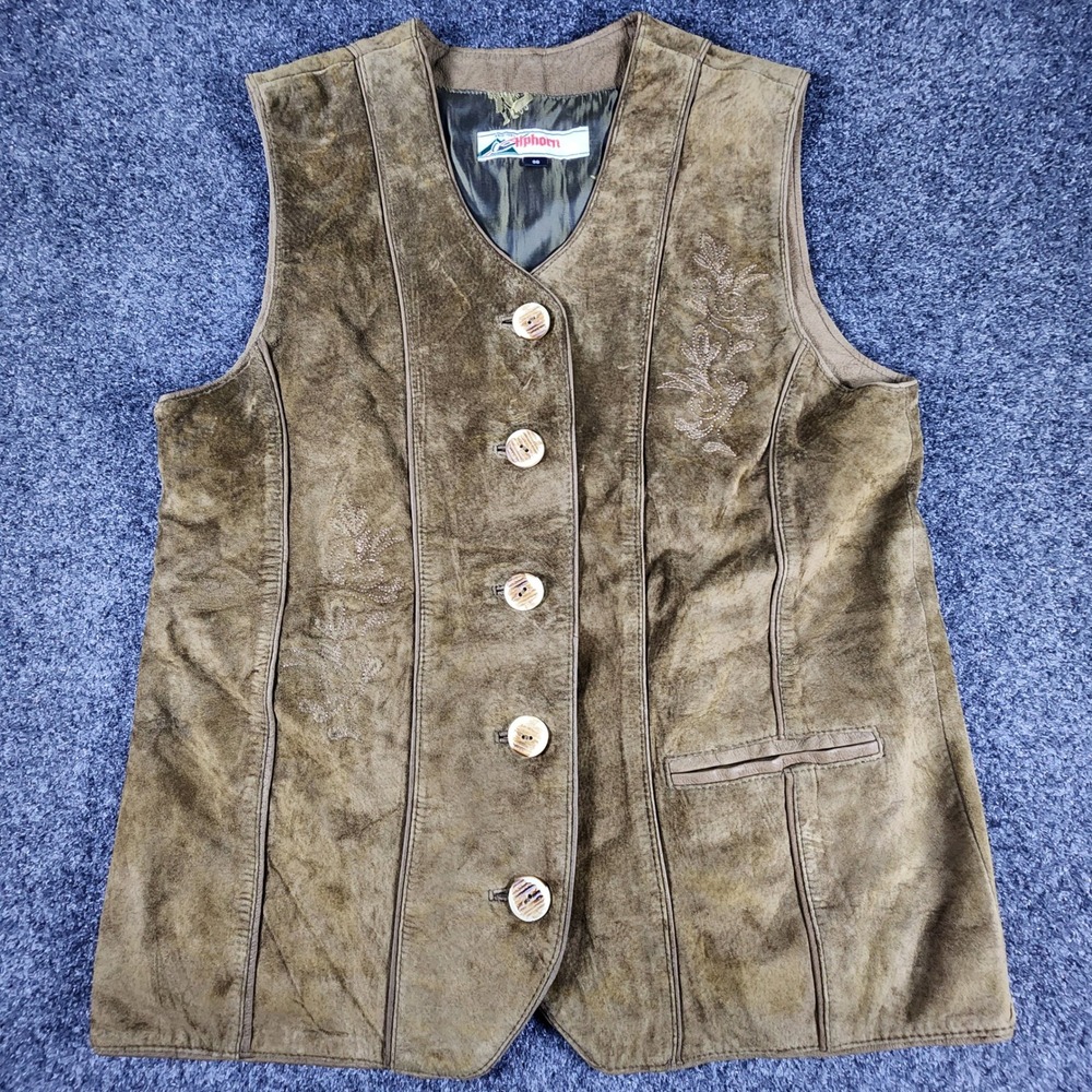 Alphorn Suede Vest Womens 38 Brown Embroidered Leather Tyrolean Alpine Western